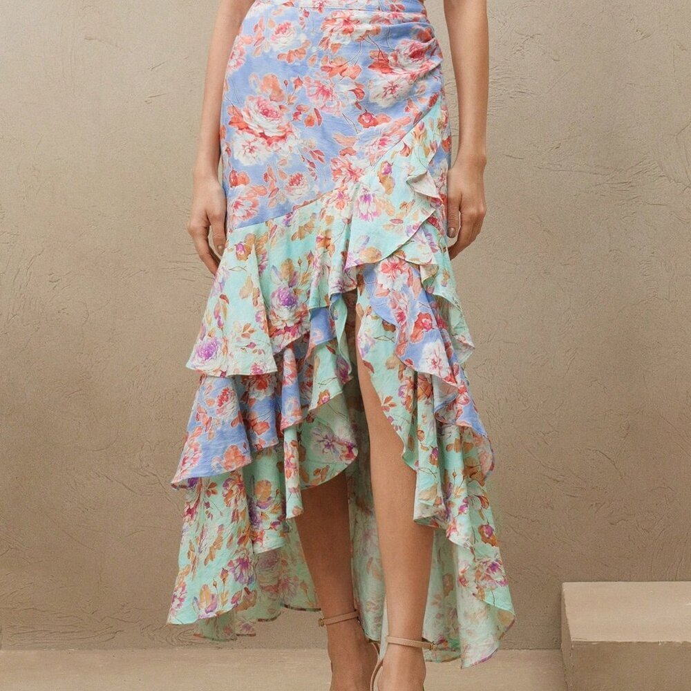 Blue Boho Women's Elegant High-Waist Dual-Tone Ruffled Asymmetric Hem Skirt - Picture 3 of 6